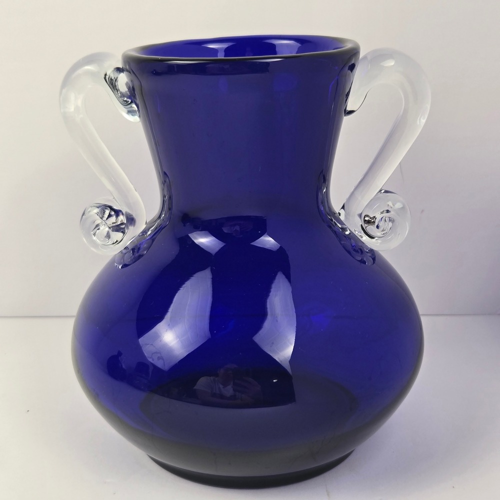 Vintage Cobalt Blue Glass Vase with Clear Scroll Handles Hand Blown 7.5 Inch